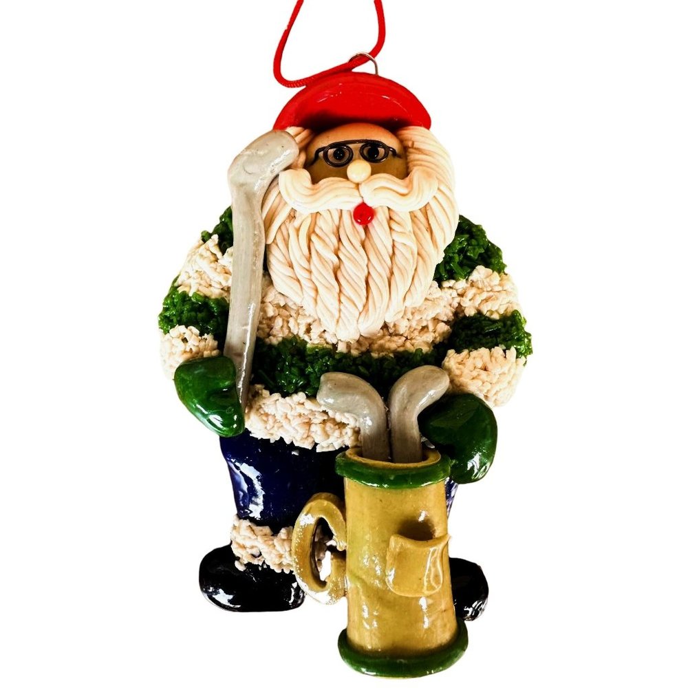 Vintage Handmade Golfer Santa Ornament Christmas Polymer Clay Golf Tee T…